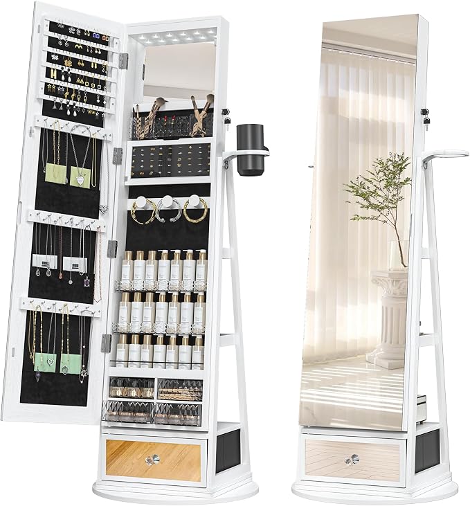 Mirror Jewelry Cabinet Standing, 360° Swivel Jewelry Armoire | with Drawer LED Lights, Lockable Jewelry Organizer with Storage Shelves