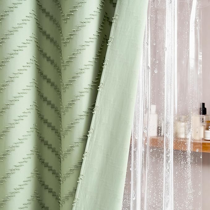 Dynamene Extra Long Shower Curtain and Liner Set - 90 inch Tall Boho Shower Curtain and Waterproof Clear Liner, Tufted Chevron Striped Tassel Shower Curtains for Bathroom, 12 Hooks, 72x90, Sage Green