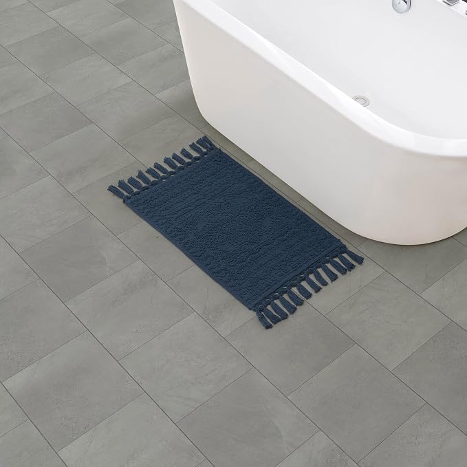 French Connection Nellore Bath Rugs, Woven and Beaded Bath Mats, Durable and Thick Bath Mats for Bathroom and Shower Rugs, 17" x 28", Navy