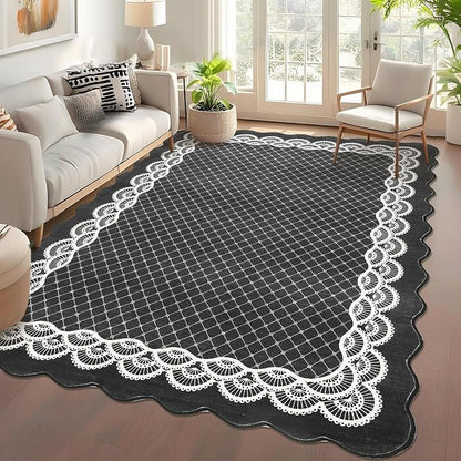 GarveeHome Washable 8x10 Area Rug Scalloped Black Rug, Modern Neutral Living Room Rugs, Large Scalloped Farmhouse Rug Abstract Bordered Carpet for Bedroom Apartment Table Dorm Nursery, Black