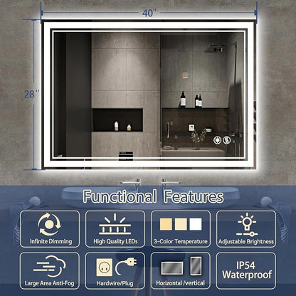 28“ x 40” LED Bathroom Mirror Fogless LED Mirror for Bathroom Dimmable 3 Colors Lights Smart Vanity Mirror Touch Sensor Home Decor Wall Mounted Horizontal/Vertical