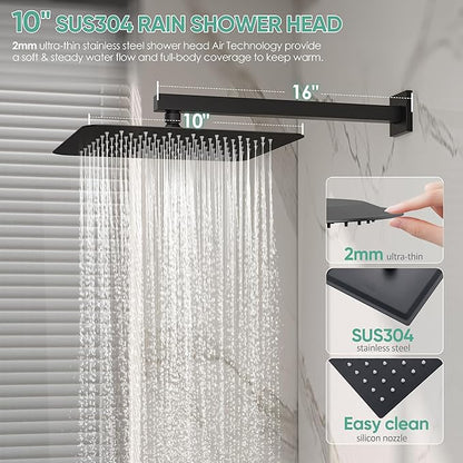 Black Shower System with Tub Spout, All Metal Tub Shower Faucet Set with 10" Rain Shower Head and Handheld Spray combo, Wall Mounted Tub Shower Systems with Valve and Trim Kit, Matte Black