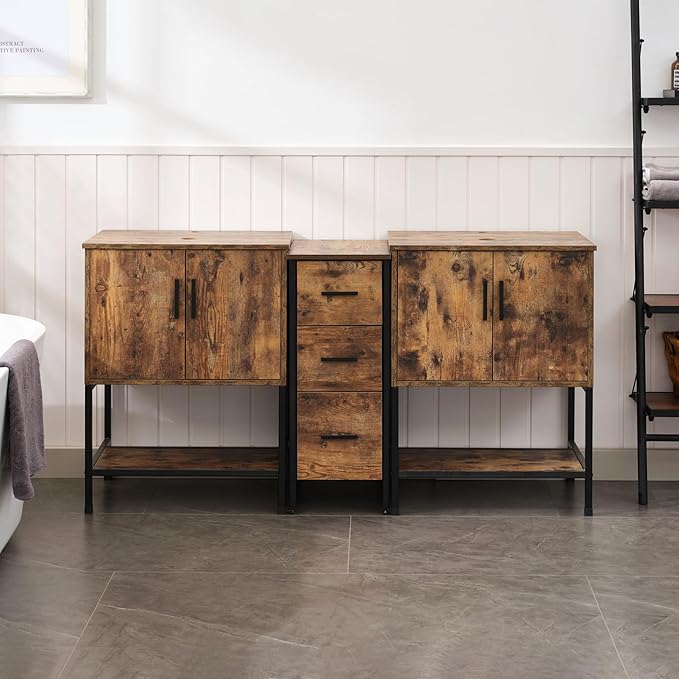 UEV Rustic Brown 60" Double Bathroom Vanity with Sink Combo,Industrial Iron Frame 2 Main Bathroom Vanity with Middle 3 Drawers Cabinet(Without Sink Combo)