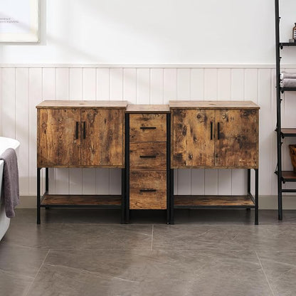 UEV Rustic Brown 60" Double Bathroom Vanity with Sink Combo,Industrial Iron Frame 2 Main Bathroom Vanity with Middle 3 Drawers Cabinet(Without Sink Combo)