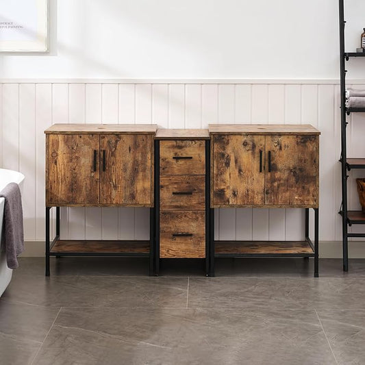 UEV Rustic Brown 60" Double Bathroom Vanity with Sink Combo,Industrial Iron Frame 2 Main Bathroom Vanity with Middle 3 Drawers Cabinet(Without Sink Combo)
