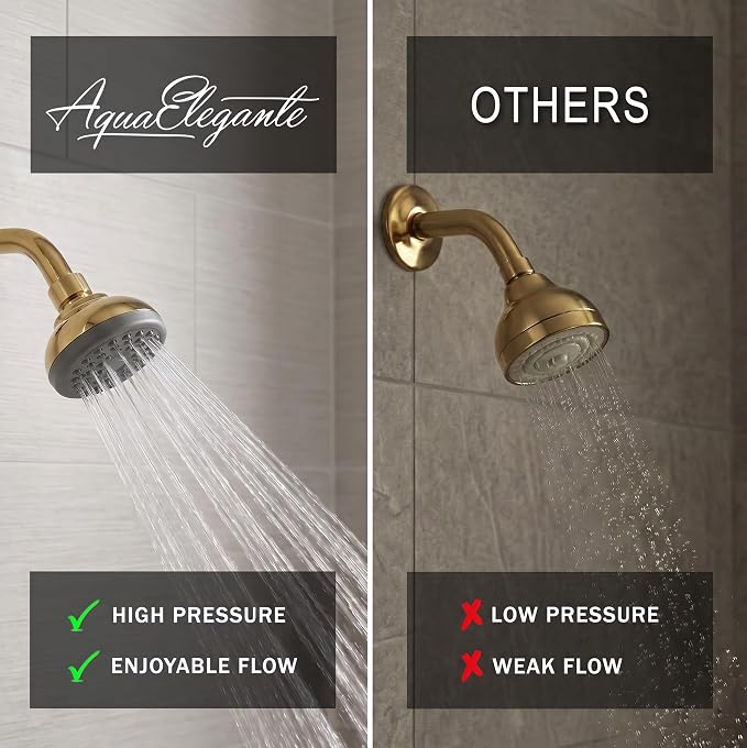 Aqua Elegante Pressure Boosting Shower Head - 1.8 GPM - Polished Brass | 3 Inch Wall Mount, Water Saving Showerhead, Best For Low Flow Showers With Anti-Clog Nozzles & Adjustable Brass Fitting