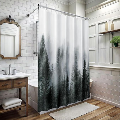 ORTIGIA 78 Inch Dark Green Misty Forest Shower Curtain for Bathroom, Nature Woodland Shower Curtain Set with Hooks, Decorative Pine Tree Fog Magic Bath Curtain, Waterproof Fabric, Weighted, 72x78