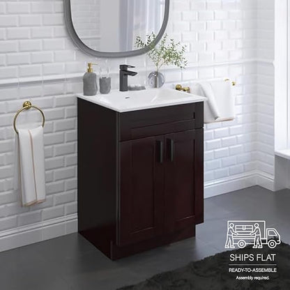 24" Espresso Shaker Bathroom Vanity Base – Ready-to-Assemble Sink Cabinet, Freestanding Bathroom Vanity Base Only, No Top or Sink