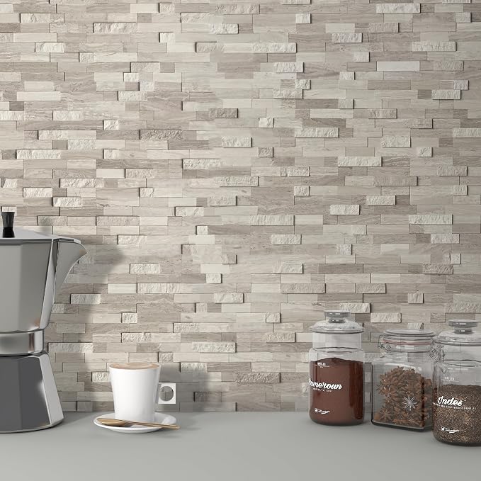 SUNWINGS 5-Sheet Peel and Stick Mosaic Natural 3D Stone Self Adhesive Marble Tiles, 11.5" x 10.7" Stick on Backsplash for Kitchen Bathroom Fireplace Vanity, Mixed Tan