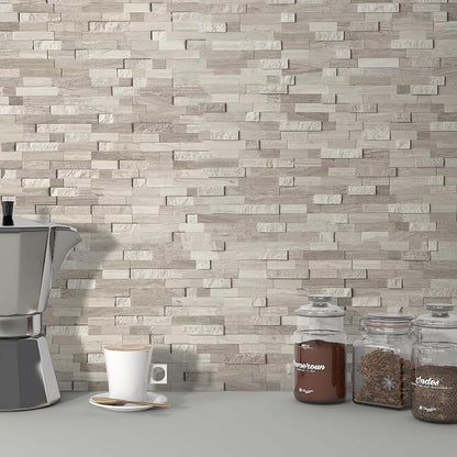 SUNWINGS 5-Sheet Peel and Stick Mosaic Natural 3D Stone Self Adhesive Marble Tiles, 11.5" x 10.7" Stick on Backsplash for Kitchen Bathroom Fireplace Vanity, Mixed Tan