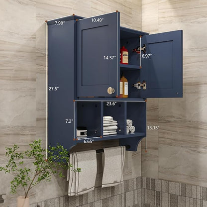 Bathroom Wall Cabinet, Wall Mounted with Towel Bar & 6 Shelves - Over Toilet Storage Organizer, 2-Door Medicine Cabinet, Adjustable Bathroom Shelves(Blue)