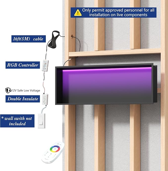 RGB Shower Niche LED Lights Waterproof, Matte Black Recessed Wall Niche-36X12 in Stainless Steel Niches for Shower, Tile-Ready for Bathroom Storage Shower Niche