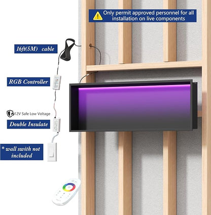 RGB Shower Niche LED Lights Waterproof, Matte Black Recessed Wall Niche-36X12 in Stainless Steel Niches for Shower, Tile-Ready for Bathroom Storage Shower Niche