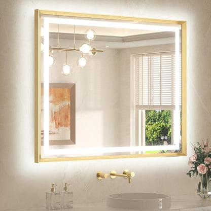 42 x 36 Led Mirror Brushed Gold Metal Frame Frontlit & Backlit Vanity Mirror Anti-Fog Stepless Dimmable 3 Colors White/Warm/Natural Wall Mirror with Lights Wall-Mounted