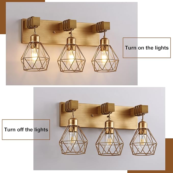 VbiTmn Bathroom Light Fixtures, 3 Light Brushed Gold Wood Vanity Lights | Farmhouse Design, Diamond Metal Shades, Easy to Install, Wall Sconces for Bathroom, Bedroom, Makeup Area, Over Vanity Mirror