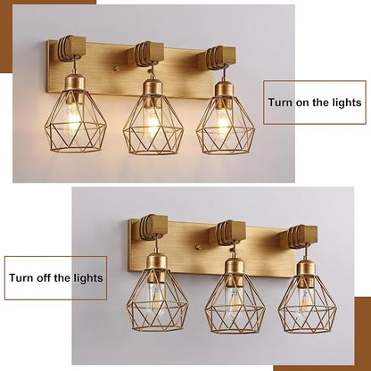 VbiTmn Bathroom Light Fixtures, 3 Light Brushed Gold Wood Vanity Lights | Farmhouse Design, Diamond Metal Shades, Easy to Install, Wall Sconces for Bathroom, Bedroom, Makeup Area, Over Vanity Mirror