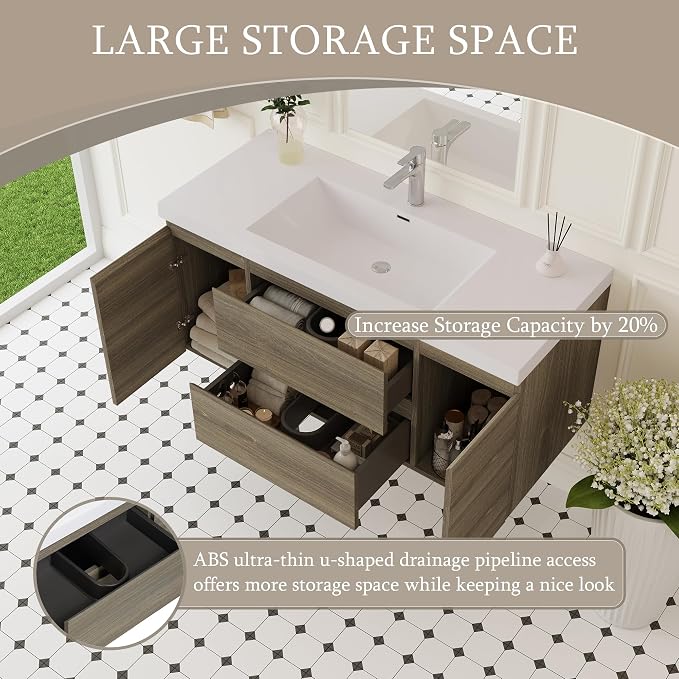 48 Inch Floating Bathroom Vanity with Sink, Large Storage Wall Mounted Floating Vanity with Soft Close Drawers, One-Piece Basin Bathroom Sink Cabinet (Ash Grey, 48 Inch)