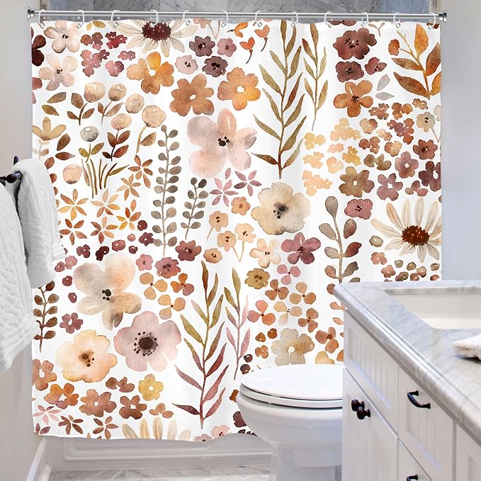 Fall Autumn Cute Floral Flower Nature Rustic Bathroom Shower Curtain Set | 72"W x 72"H Watercolor Botanical; waterproof HD print, quick-dry fabric with 12 hooks for easy hanging.