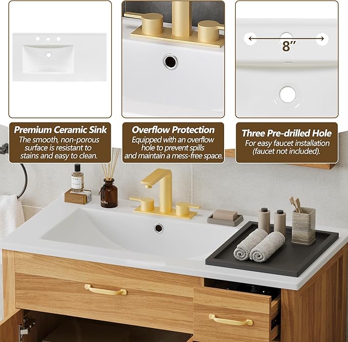 Favfurish 36" Bathroom Vanity,Free Standing Single Basin Vanity Combo with Sink,3 Soft Close Drawers & 2 Soft Close Doors,Solid Wood Frame Storage Cabinet w/Ceramic Basin,for Small Space,Natural