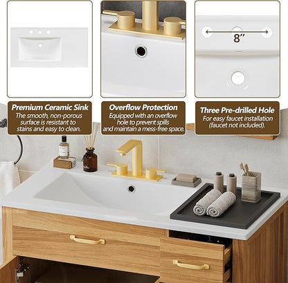 Favfurish 36" Bathroom Vanity,Free Standing Single Basin Vanity Combo with Sink,3 Soft Close Drawers & 2 Soft Close Doors,Solid Wood Frame Storage Cabinet w/Ceramic Basin,for Small Space,Natural