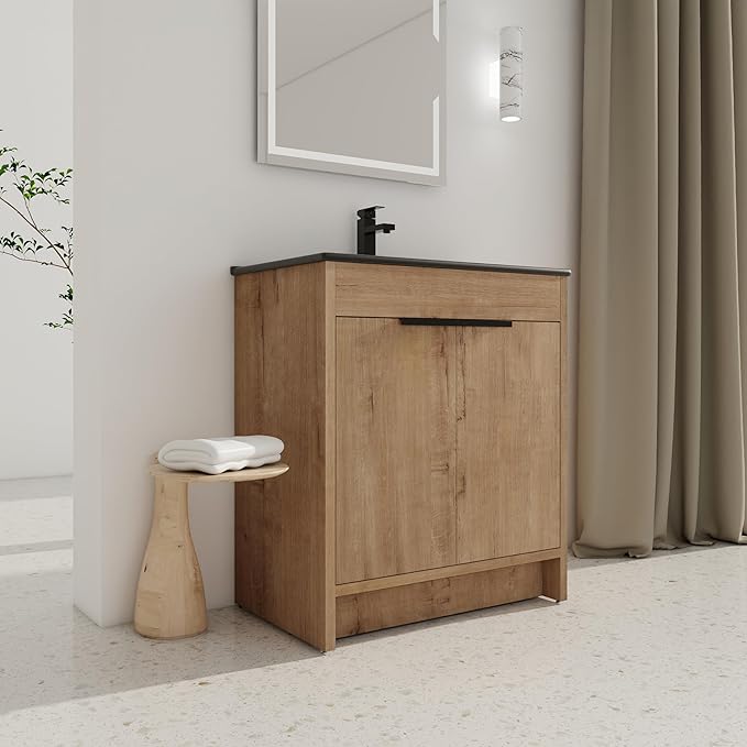 SSLine 30-Inch Bathroom Vanity with Sink Mid-Century Bathroom Vanities with Black Top Basin Floor Wood Bathroom Sink Cabinet with Soft-Close Doors & Adjustable Storage Shelves (Natural Brown)