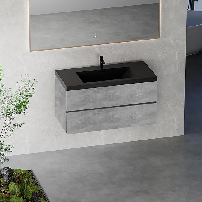 Floating Vanity Bathroom, 42 Inch Bathroom Vanity with Sink, Wall Mounted Single Sink Bathroom Vanity, Soft Closed 2 Drawers, Integrated Sink (Dark Birch)