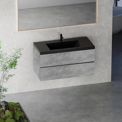 Floating Vanity Bathroom, 42 Inch Bathroom Vanity with Sink, Wall Mounted Single Sink Bathroom Vanity, Soft Closed 2 Drawers, Integrated Sink (Dark Birch)