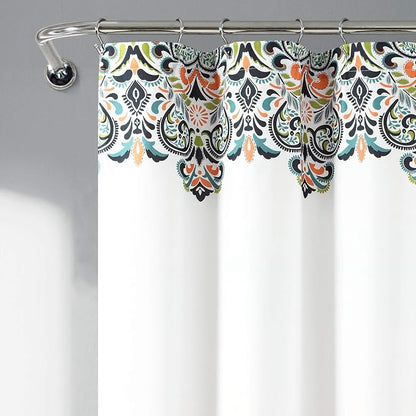 Lush Decor Navy and Tangerine Clara Shower Curtain-Fabric Colorful Boho Paisley Damask Print Design, 72 x 72