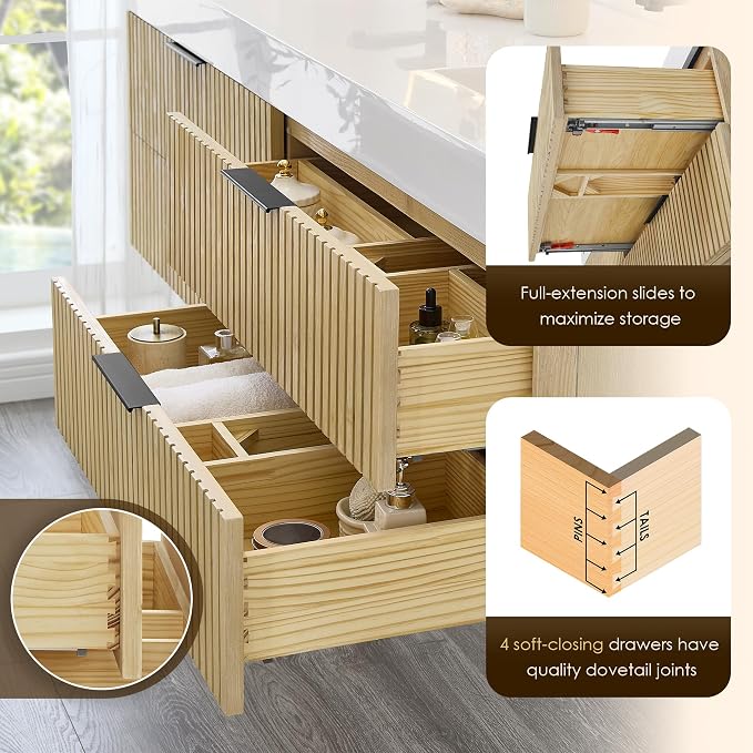 72 Inch Floating Sink Bathroom Vanity Wall Mount Double Vanities with Top | Pre-Assembled, Sturdy Solid Wood, Modern Vanity, Ceramic Sink, Large Storage Cabinet, Soft Closing Doors, Dovetail Drawers