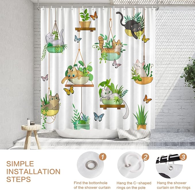 Hanging Potted Plants Cat Shower Curtain, Bracketplant KittyShower Curtain for Bathroom with 12 Hooks Polyester Fabric Waterproof Shower Curtain Sets Machine Washable Kids Bath Curtain