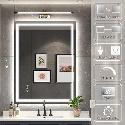 24x32 Inch Led Mirror for Bathroom with Front Light and Backlit, Bathroom Mirror with Led Lights, Vanity Mirror with Lights for Wall, Anti-Fog, Dimmable, Memory Function, Tempered Glass