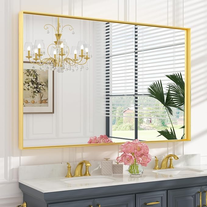 Keonjinn 60x40 Inch Gold Bathroom Mirror for Over Sink, Rectangular | HD Tempered Glass, Vanity Mirror, Brushed Framed, Square Corner, Modern Farmhouse, Wall Mounted Mirrors, Aluminum Alloy