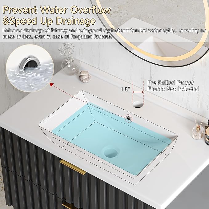 ONBRILL 30 Inch Bathroom Vanity with Sink Combo, Floating Bathroom Vanity with 2 Fluted Drawers & Metal Handle, Modern Wall Mount Storage Cabinet with Ceramic Integrated Sink for Small Space (Black)