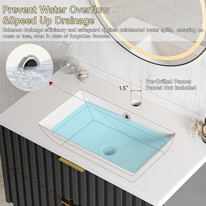 ONBRILL 30 Inch Bathroom Vanity with Sink Combo, Floating Bathroom Vanity with 2 Fluted Drawers & Metal Handle, Modern Wall Mount Storage Cabinet with Ceramic Integrated Sink for Small Space (Black)
