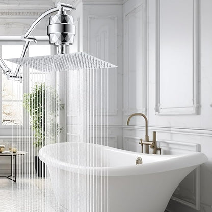 Hibbent 12'' Filtered Rain Shower Head with 16'' Extension Arm, Chrome | High Pressure Rainfall Showerhead, Brass Adjustable Shower Head Extension Arm, 20 Stage Shower Filter, Fixed Showerheads