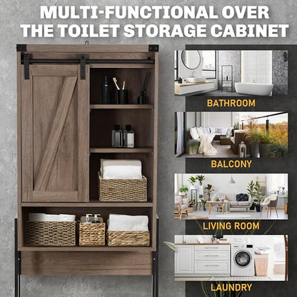 Over Toilet Storage Cabinet with Barn Door & Adjustable Shelves | 24 Inch Wide Bathroom Organizer, Space-Saving, Sturdy Wood, Anti-Tipping, Easy Assembly, for Restroom, Laundry, Small Spaces