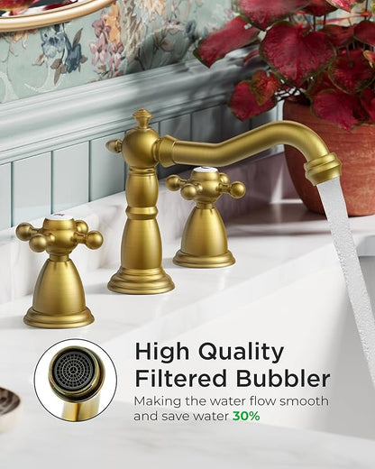 FORIOUS 3 Hole Vintage Bathroom Faucet Brushed Gold, 2 Handles 8 Inch Widespread Antique Brass Bathroom Sink Faucet for Vanity RV Farmhosue, with Metal Pop Up Drain and Supply Lines
