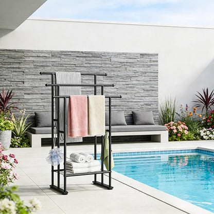 ELYKEN 3 Tier Standing Towel Rack, 40'' Tall Towel Drying Rack Outdoor, Freestanding Floor Towel Rack with Shelf, Pool Towel Blanket Stand, Metal Towel Racks for Bathroom freestanding, Matte Black