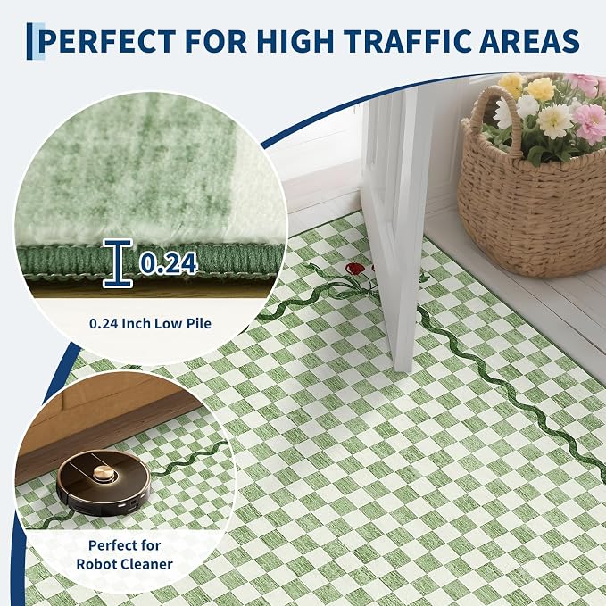 Garvee Washable Sage Green 8x10 Area Rug for Living Room Checkered Cherry | Coquette Non Slip Soft Bedroom Rugs Non Shedding Low Pile Stain Resistant Carpet for Nursery Grils Room Dorm Playroom Office