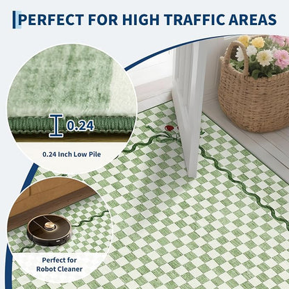 Garvee Washable Sage Green 8x10 Area Rug for Living Room Checkered Cherry | Coquette Non Slip Soft Bedroom Rugs Non Shedding Low Pile Stain Resistant Carpet for Nursery Grils Room Dorm Playroom Office