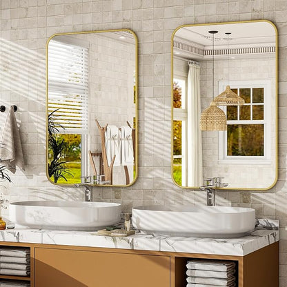 Easly 20 x 28 Inch Bathroom Mirror, Rounded Rectangular Vanity Mirror for Wall, Modern Mirror for Room Decor, Gold Framed Wall-Mounted Mirrors for Home Decor, Hangs Horizontally or Vertically