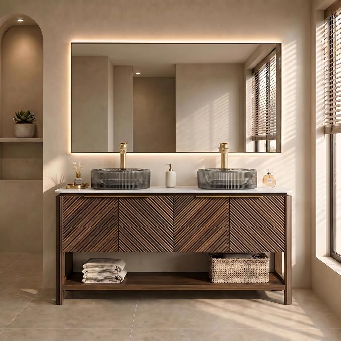 Yayzy 60 Inch Double Sink Bathroom Vanity, Dark Walnut Bathroom Cabinet with Double Smoky Gray Glass Vessel Sinks, Carrara White Sintered Stone Countertop, Soft Close Doors, Open Storage Shelf
