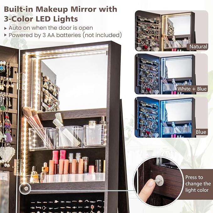 MAT EXPERT 360° Rotating Jewelry Armoire, Lockable Freestanding Jewelry Organizer w/Full-length Mirror, 3-Color LED Lights, Rear Storage Shelves, Mirror Jewelry Cabinet for Bedroom (Espresso)
