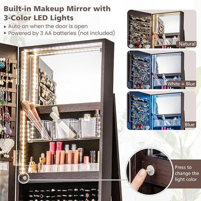 MAT EXPERT 360° Rotating Jewelry Armoire, Lockable Freestanding Jewelry Organizer w/Full-length Mirror, 3-Color LED Lights, Rear Storage Shelves, Mirror Jewelry Cabinet for Bedroom (Espresso)