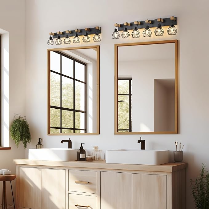 VbiTmn Bathroom Light Fixtures,6 Light Black Farmhouse Wood Vanity Lights | Rustic Design, Diamond Metal Shades, Easy to Install, Wall Sconces for Bathroom, Bedroom, Makeup Area, Over Vanity Mirror