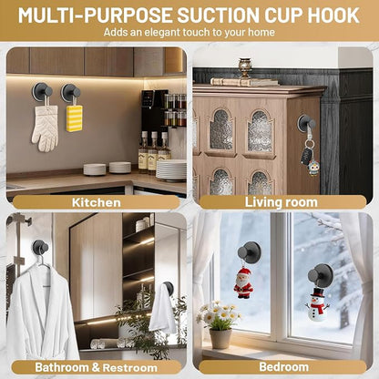 Large Suction Cup Hooks, Heavy Duty 15lb Holds Towel & Robe, No-Drill Shower Bathroom Hooks for Tile Wall Glass Mirror, Mounts on Smooth Non-Porous Surfaces (2 Pack, Matte Black)