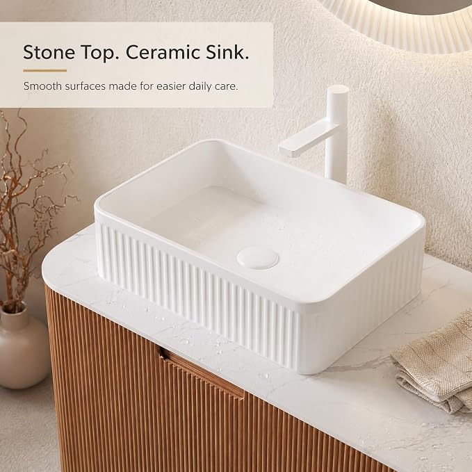 60 Inch Double Sink Bathroom Vanity, Floating Wall Mounted Cabinet, Natural Woodgrain Curved Fluted Front, Stone Top, Dual White Textured Rectangular Vessel Basins, Pre-Assembled