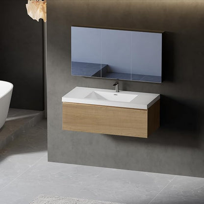 42" Floating Bathroom Vanity with Sink, Wall-Mounted Modern Oak Storage Cabinet, Wave-Textured Soft-Close Drawer & Glossy White Solid Surface Basin, Natural Oak