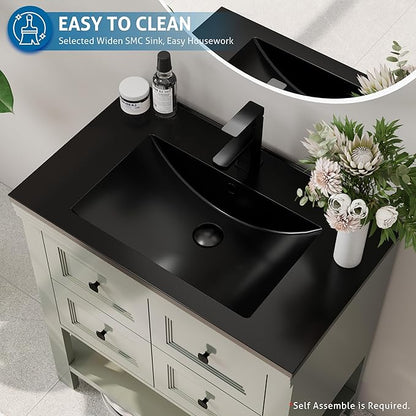 eclife 30" Bathroom Vanity with Sink Combo, Modern Painted Vanities Cabinet with Big Drawers, Opening Bottom Shelf, Raised Foot Pads, Include Undermount Black Sink, Faucet & Drain, Green