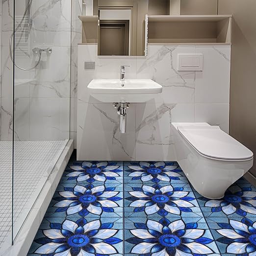 Blue Stained Glass Flower Peel and Stick Floor Tiles 12x12 Inch 10PCS | Blue stained glass style flower pattern vinyl floor stickers for kitchen bathroom entryway and indoor home decor